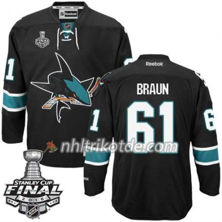 Reebok San Jose Sharks Trikot Justin Braun #61 Schwarz Ausweich 2016 Stanley Cup - Herren